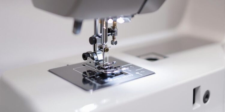 Modern sewing machine with detailed features and design.