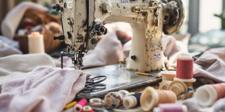 Close-up of a vintage sewing machine and sewing tools.