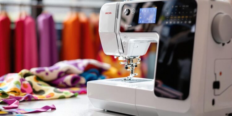 Close-up of a modern sewing machine with fabrics.