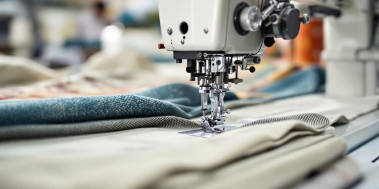 Upholstery sewing machine with colorful fabric and thread.