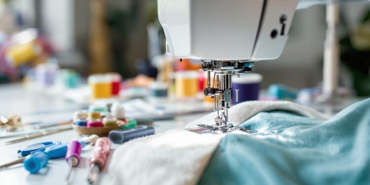 Close-up of a sewing machine with colorful threads.
