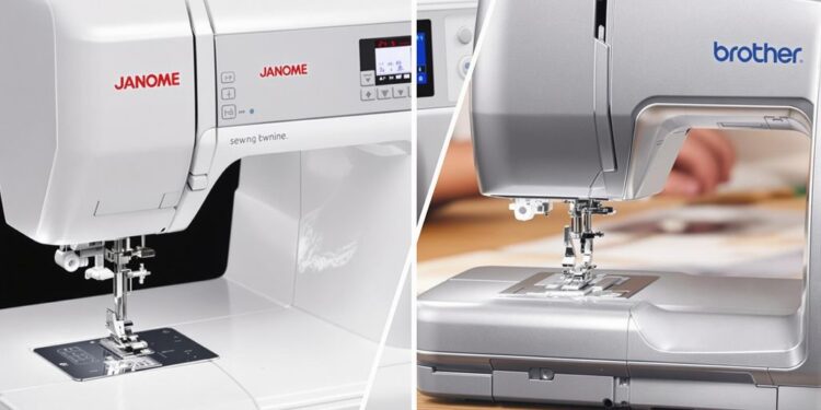 Janome and Brother sewing machines side by side.