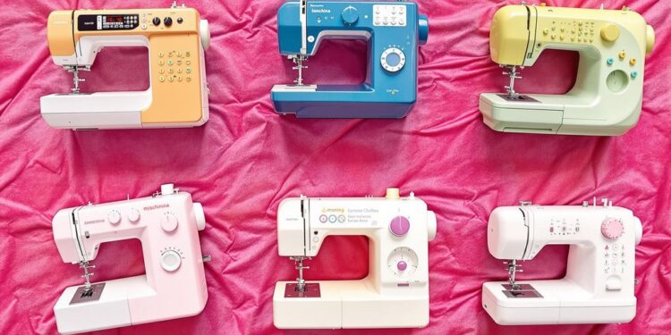 Colorful sewing machines for clothing creation.