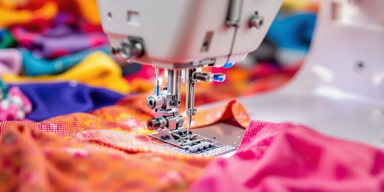 Professional sewing machine with colorful fabrics and stitching.