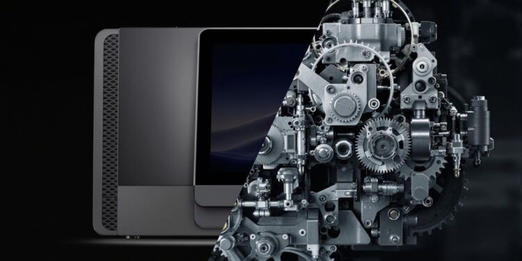 Split image of computerized and mechanical devices.