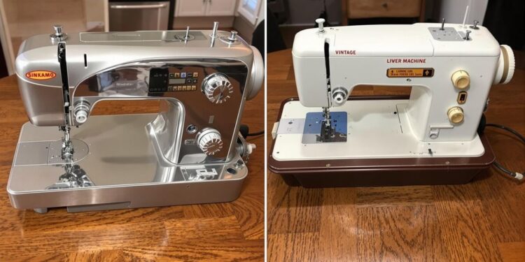 New and used sewing machines on a wooden table.