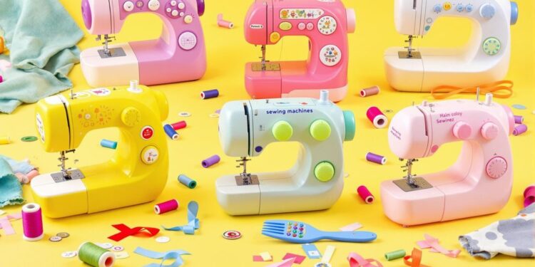 Colorful kids sewing machines with spools and fabric.