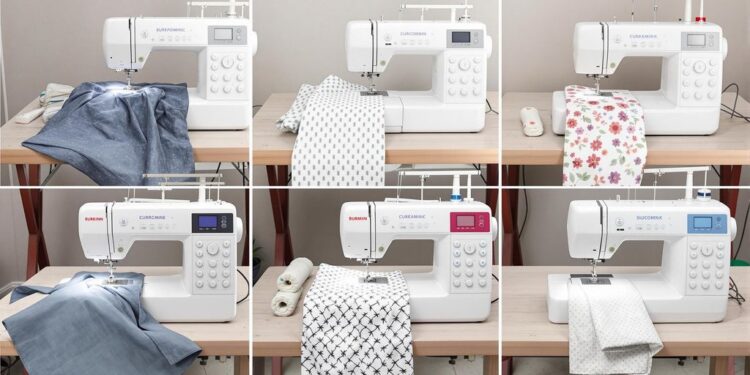 Six sewing machines arranged for curtain making.